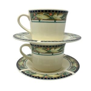 Pfaltzgraff Portfolio Forest Flat Cup & Saucer Set of 2 Stoneware Red Berries